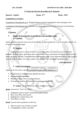 Première page de Anglais 6e — 1er devoir surveillé, 2e semestre (2018-2019) · CEG ZOGBO