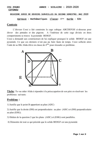 Première page de Mathématiques 4e, 4e ML — 2e devoir surveillé, 2e semestre (2019-2020) · CEG ZOGBO