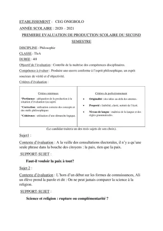 Première page de Philosophie Tle A2 — 1re production scolaire, 2e semestre (2020-2021) · CEG ONIGBOLO