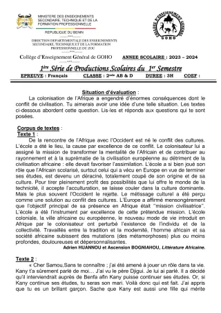 Première page de Français 2nde A & B, 2nde D — 1re production scolaire, 1er semestre (2023-2024) · CEG GOHO