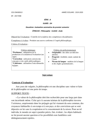 Première page de Philosophie 2nde A2 — 2e évaluation sommative, 1er semestre (2019-2020) · CEG ONIGBOLO