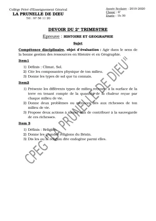 Première page de Histoire-Géographie 6e — Devoir surveillé, 2e trimestre (2019-2020) · CEPG La Prunelle de Dieu