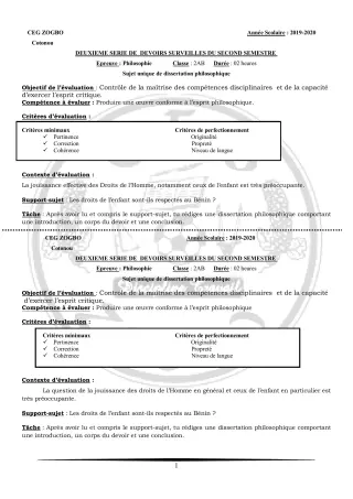 Première page de Philosophie 2nde A, 2nde A1, 2nde A2, 2nde B — 2e devoir surveillé, 2e semestre (2019-2020) · CEG ZOGBO