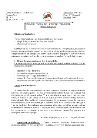 Première page de Espagnol 3e — Devoir surveillé (2021-2022) · Hibiscus 1er cycle