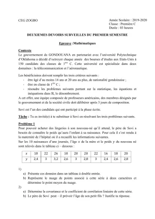 Première page de Mathématiques 1ère C — Devoir surveillé, 1er semestre (2019-2020) · CEG ZOGBO