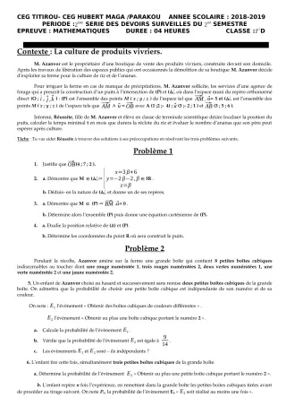 Première page de Mathématiques Tle D — 2e devoir surveillé, 2e semestre (2018-2019) · CEG Hubert C. MAGA