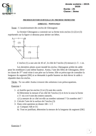Première page de Mathématiques 3e, 3e ML — 1er devoir surveillé, 1er trimestre (2019-2020) · CPEG ROSAIRE