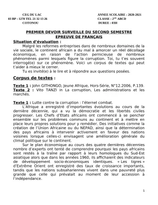 Première page de Français 2nde A, 2nde B, 2nde C, 2nde D — 1er devoir surveillé, 2e semestre (2020-2021) · CEG du Lac