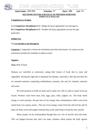 Première page de Anglais 3e — 2e devoir surveillé, 1er semestre (2019-2020) · CEG ADJOVICODJI 'LES OLIVIERS'