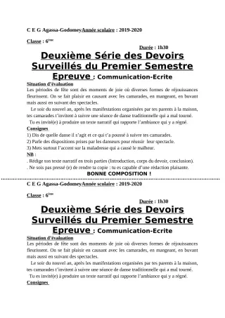Première page de Français 6e — 2e devoir surveillé, 1er semestre (2019-2020) · CEG Agassa Godomey