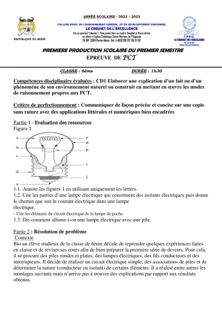 Première page de PCT 6e, 5e, 4e, 3e, 2nde D, 1ère D, Tle D — 1re production scolaire, 1er semestre (2022-2023) · CPEG le Creuset de l'Excellence
