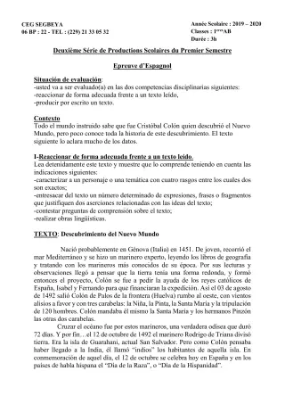 Première page de Espagnol 1ère A, 1ère A1, 1ère A2, 1ère B — 2e production scolaire, 1er semestre (2019-2020) · CEG SEGBEYA