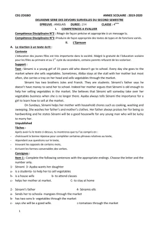 Première page de Anglais 4e, 4e ML — 2e devoir surveillé, 2e semestre (2019-2020) · CEG ZOGBO
