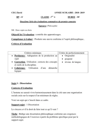 Première page de Philosophie 1ère A — 2e évaluation sommative, 1er semestre (2018-2019) · CEG Zinvié