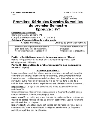 Première page de SVT Tle D — 1er devoir surveillé, 1er semestre (2019-2020) · CEG Agassa Godomey