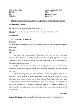Première page de Anglais 4e ML — 2e évaluation sommative, 1er semestre (2019-2020) · CEG AZOHOUE-ALIHO