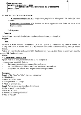 Première page de Anglais 6e, 5e, 4e, 4e ML, 3e, 3e ML, 2nde A2, 2nde B, 2nde C, 2nde D, 1ère A2, 1ère B, 1ère C, 1ère D, Tle A1, Tle A2, Tle B, Tle C, Tle D — 2e devoir surveillé, 1er semestre (2019-2020) · CEG Banika