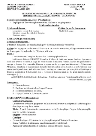 Première page de Histoire-Géographie 2nde C, 2nde D — 2e devoir surveillé, 1er semestre (2019-2020) · CEG L'Entente