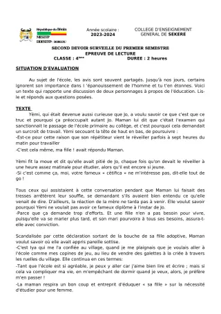Première page de Français 4e — 2e devoir surveillé, 1er semestre (2023-2024) · CEG SEKERE