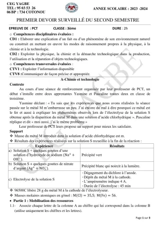 Première page de PCT 3e — 1er devoir surveillé, 2e semestre (2023-2024) · CEG Yagbe