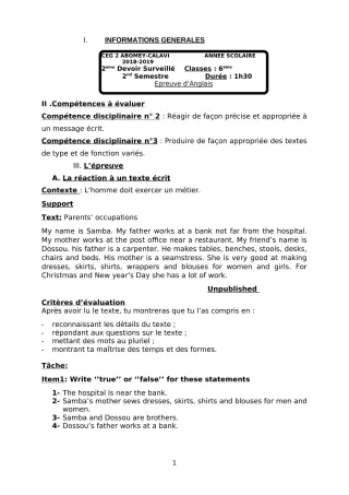 Première page de Anglais 6e — 2e devoir surveillé, 2e semestre (2018-2019) · CEG2 ABOMEY - CALAVI (CEG ZOCA)
