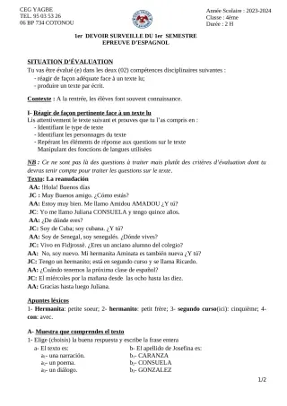 Première page de Espagnol 4e — 1er devoir surveillé, 1er semestre (2023-2024) · CEG Yagbe