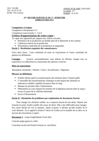 Première page de SVT 6e — 2e devoir surveillé, 1er semestre (2019-2020) · CEG Yagbe