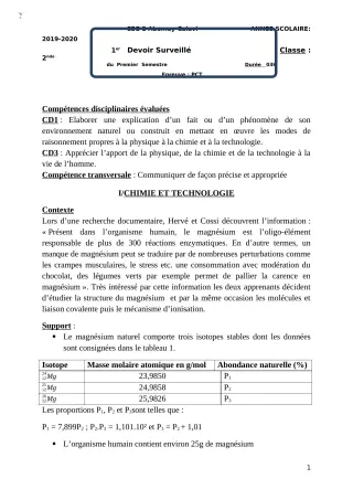 Première page de PCT 2nde C — 1er devoir surveillé, 1er semestre (2018-2019) · CEG2 ABOMEY - CALAVI (CEG ZOCA)