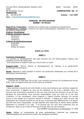 Première page de Philosophie Tle C, Tle D — Composition, 1er trimestre (2019-2020) · CPEG LICA