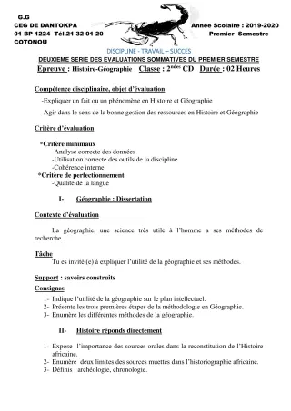 Première page de Histoire-Géographie 2nde C, 2nde D — 2e évaluation sommative, 1er semestre (2019-2020) · CEG Dantokpa