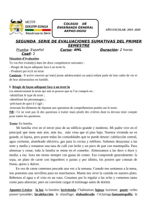 Première page de Espagnol 4e ML, 3e ML — 2019-2020 · CEG Akpao-Ogou