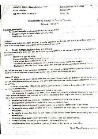 Première page de Espagnol 3e ML — 1er trimestre (2019-2020) · CPEG SEGUIN SENGHOR