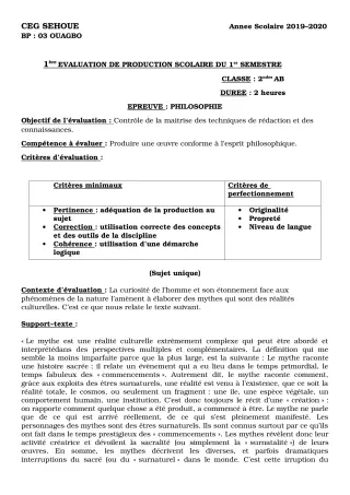 Première page de Philosophie 2nde A1, 2nde A2, 1ère A2, 1ère B, Tle A2, Tle B — 1re production scolaire, 1er semestre (2019-2020) · CEG SEHOUE