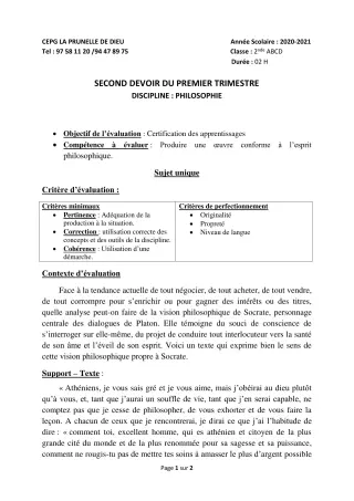 Première page de Philosophie 2nde B, 2nde D — 2e devoir surveillé, 1er trimestre (2020-2021) · CEPG La Prunelle de Dieu