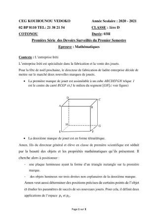 Première page de Mathématiques 1ère D — 1er devoir surveillé, 1er semestre (2020-2021) · CEG Kouhounou-Vêdoko