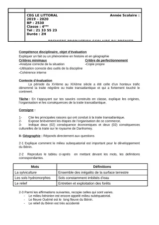 Première page de Histoire-Géographie 4e, 4e ML — 1re production scolaire (2019-2020) · CEG Le Littoral