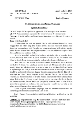 Première page de Allemand Tle A2, Tle B — 1er devoir surveillé (2019-2020) · CEG du Lac