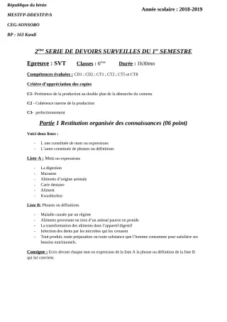 Première page de SVT 6e — 2e devoir surveillé, 1er semestre (2018-2019) · CEG SONSORO