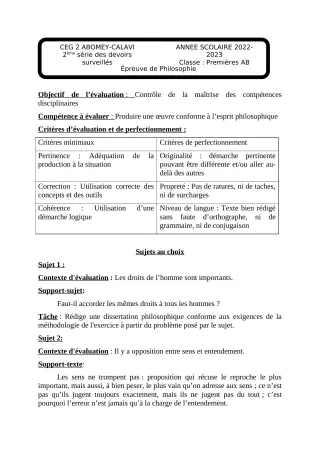 Première page de Philosophie 1ère A & B — 2e devoir surveillé, 2e semestre (2022-2023) · CEG2 ABOMEY - CALAVI (CEG ZOCA)