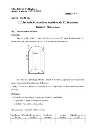 Première page de Mathématiques 6e, 5e, 4e, 3e — 1re production scolaire, 1er semestre (2018-2019) · CEG Sème tchakou