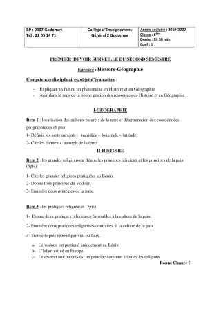 Première page de Histoire-Géographie 6e — 1er devoir surveillé, 2e semestre (2019-2020) · CEG2 Godomey