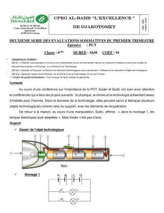 Première page de PCT 6e, 5e — 2e évaluation sommative, 1er trimestre (2023-2024) · CPEG L'EXCELLENCE