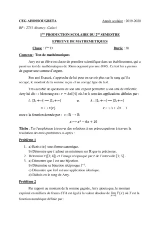 Première page de Mathématiques 1ère D — 1re production scolaire, 2e semestre (2019-2020) · CEG Ahossougbéta