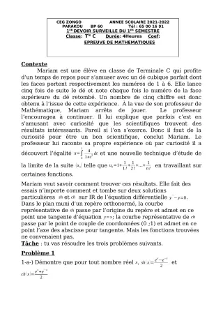 Première page de Mathématiques Tle C — 1er devoir surveillé, 1er semestre (2021-2022) · CEG ZONGO