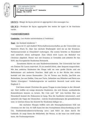 Première page de Allemand Tle A1, Tle A2, Tle B — 2e devoir surveillé, 2e semestre (2019-2020) · CEG 1 Akpakpa-Centre