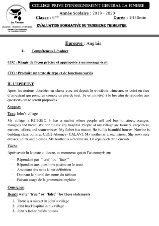 Première page de Anglais 6e — Évaluation sommative, 3e trimestre (2019-2020) · CPEG La Finesse