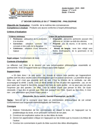 Première page de Philosophie 1ère C, 1ère D — 1er devoir surveillé, 1er trimestre (2019-2020) · CPEG LE PHARAON