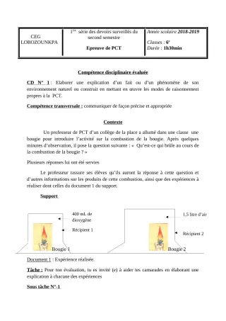 Première page de PCT 6e — 1er devoir surveillé, 2e semestre (2018-2019) · CEG Lobozounkpa