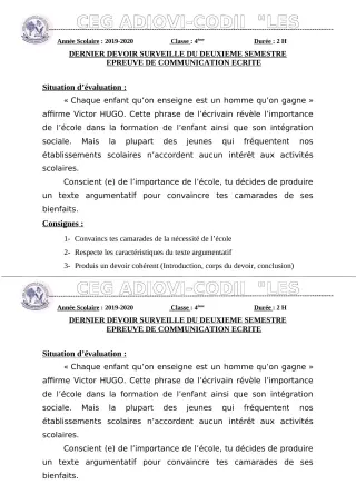 Première page de Français 4e — Devoir surveillé, 2e semestre (2019-2020) · CEG ADJOVICODJI 'LES OLIVIERS'