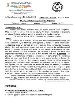 Première page de Français 6e — 1re production scolaire, 2e semestre (2023-2024) · CEG GOHO
